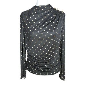 Love Forever Black Gold Metallic Heart Print Ruched Drape Neck Mesh Top Large